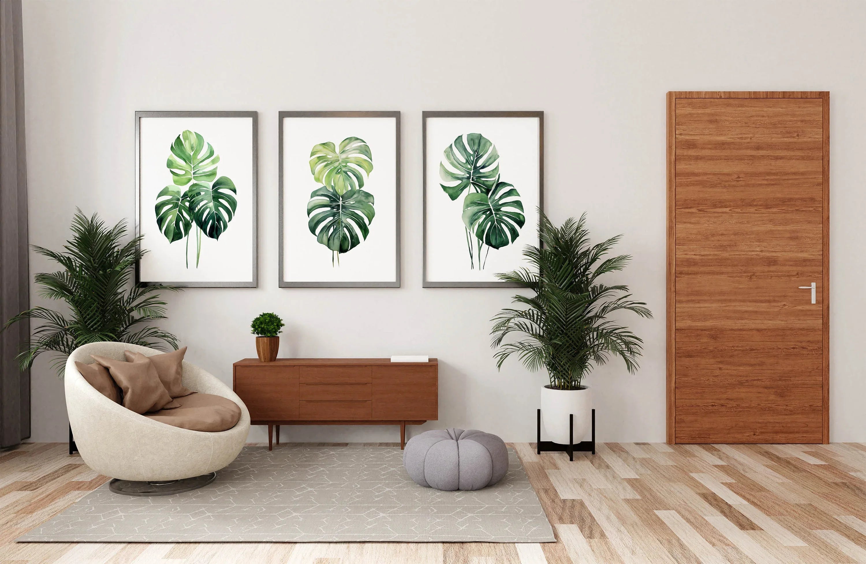 Monstera leaf wall art set – tropical green botanical split-leaf trio, modern decor