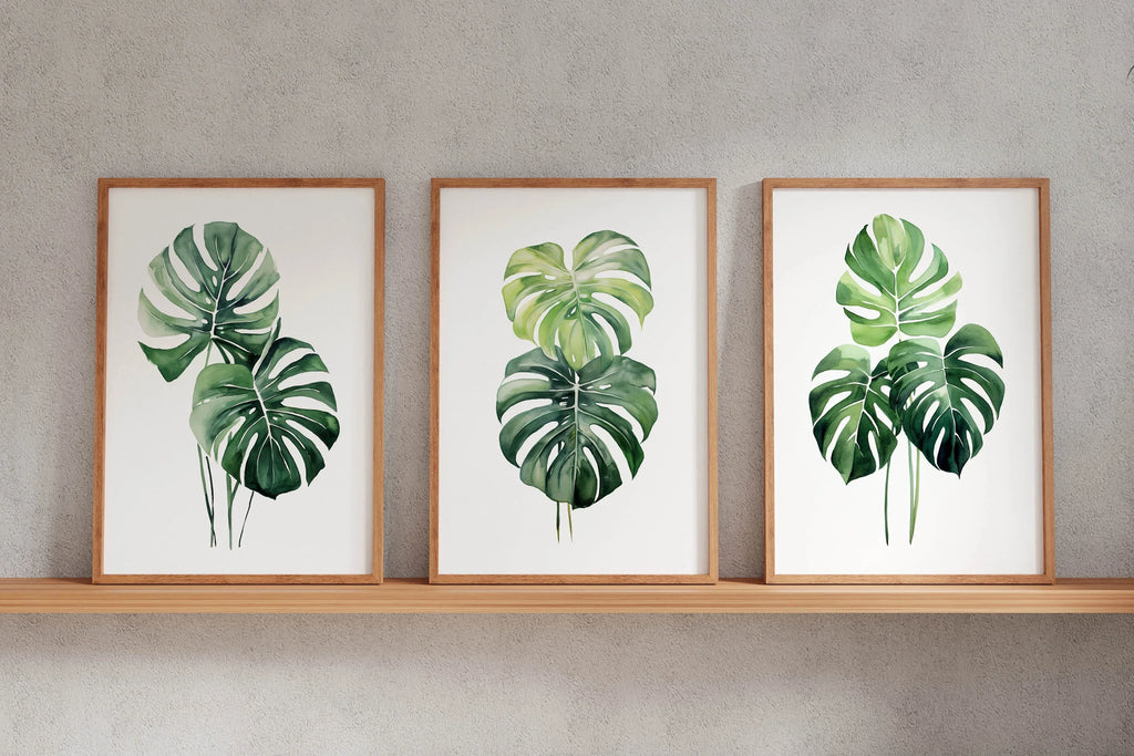 Monstera leaf wall art set – tropical green botanical split-leaf trio, modern decor