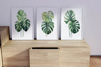 Monstera leaf wall art set – tropical green botanical split-leaf trio, modern decor