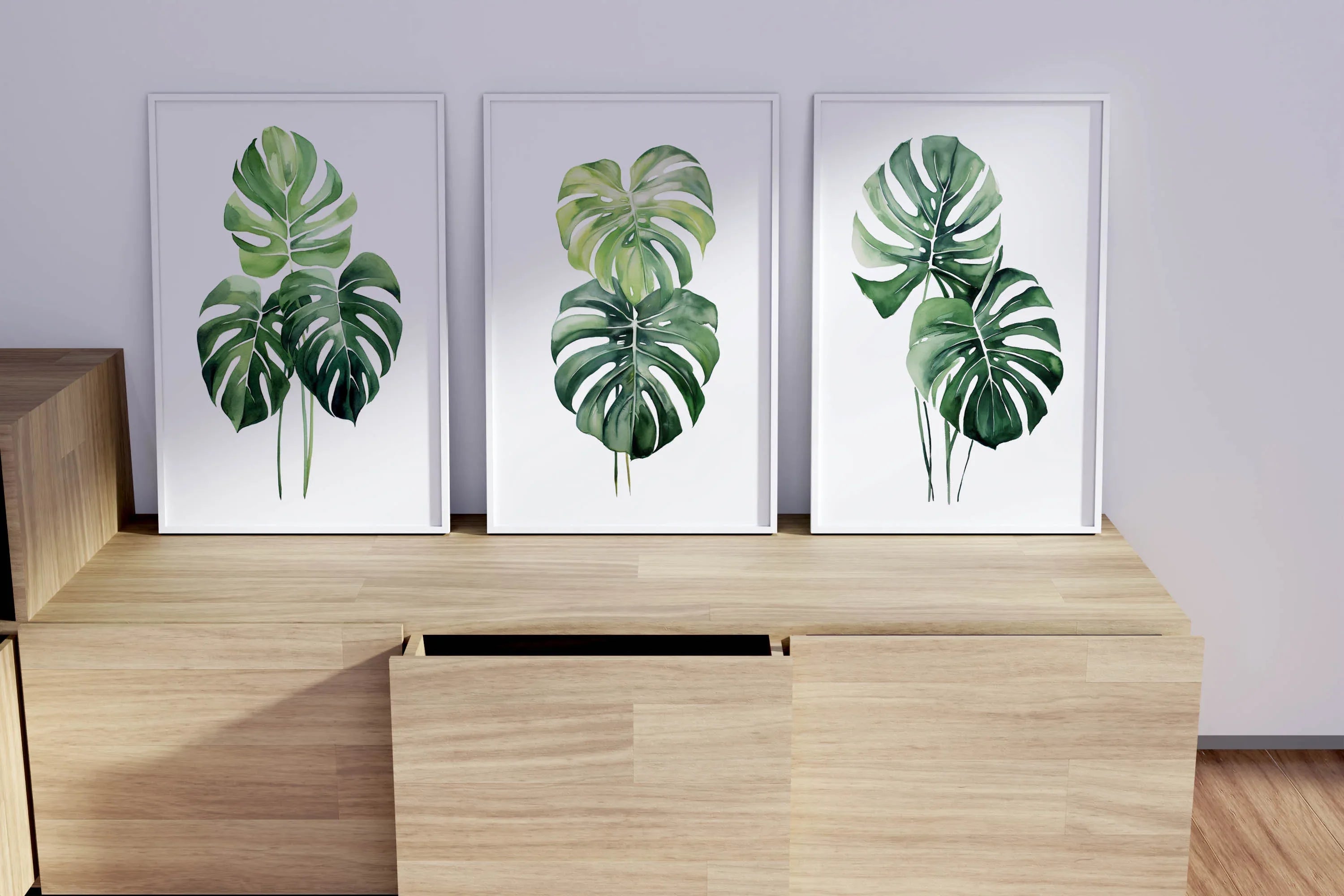 Monstera leaf wall art set – tropical green botanical split-leaf trio, modern decor