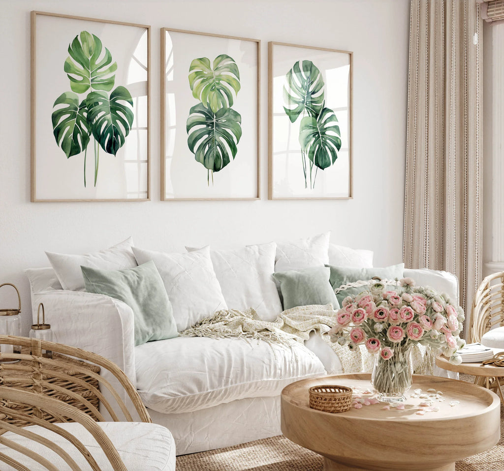 Monstera leaf wall art set – tropical green botanical split-leaf trio, modern decor