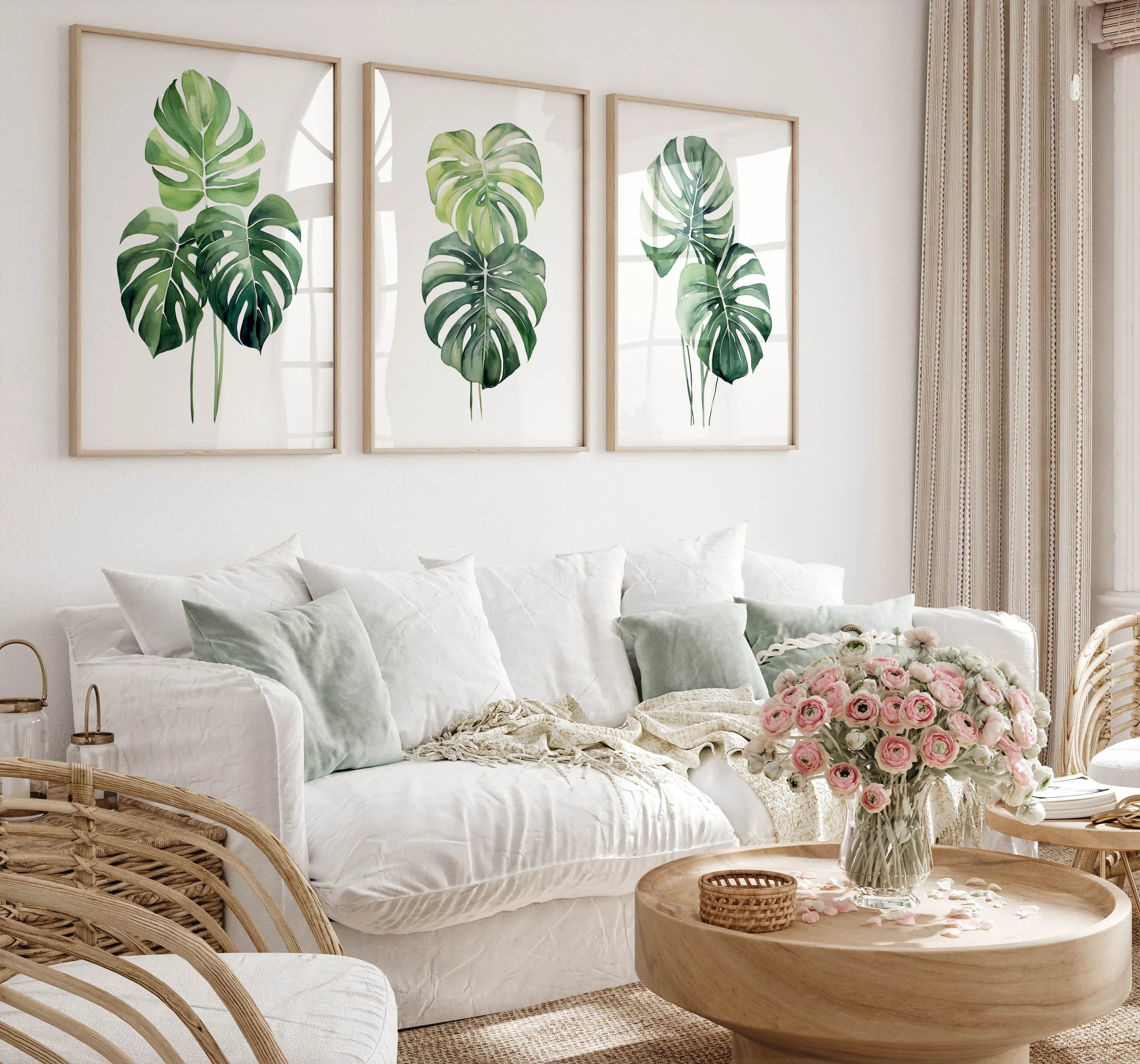 Monstera leaf wall art set – tropical green botanical split-leaf trio, modern decor