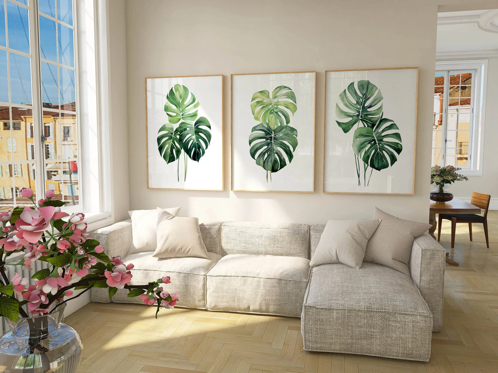 Monstera leaf wall art set – tropical green botanical split-leaf trio, modern decor