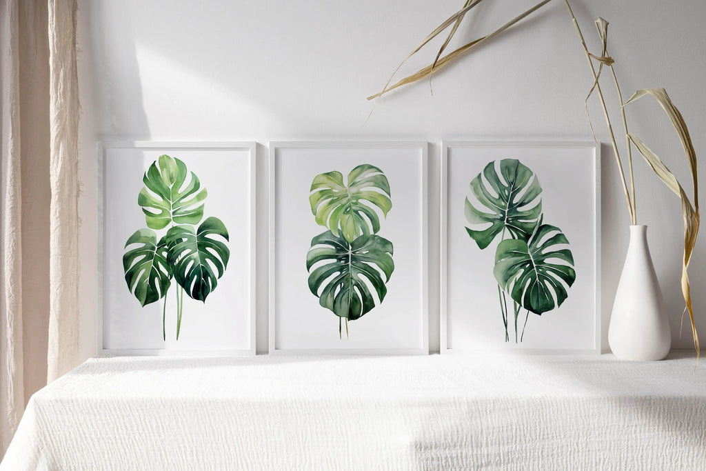 Monstera leaf wall art set – tropical green botanical split-leaf trio, modern decor