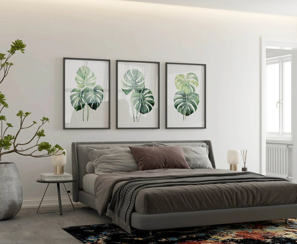 Monstera leaf wall art set – tropical green botanical split-leaf trio, modern decor