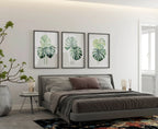 Monstera leaf wall art set – tropical green botanical split-leaf trio, modern decor