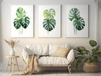 Monstera leaf wall art set – tropical green botanical split-leaf trio, modern decor