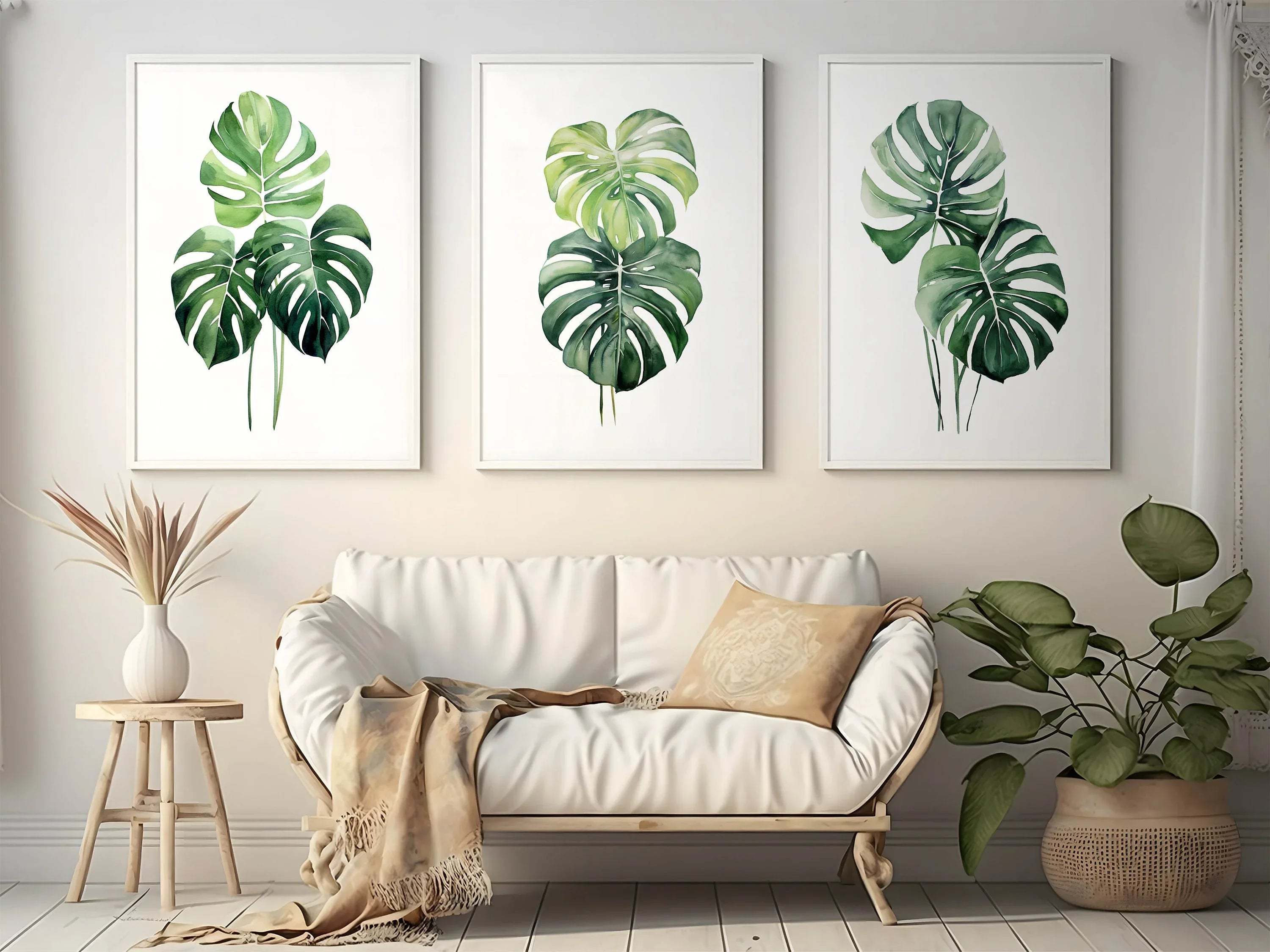 Monstera leaf wall art set – tropical green botanical split-leaf trio, modern decor
