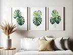 Monstera leaf wall art set – tropical green botanical split-leaf trio, modern decor