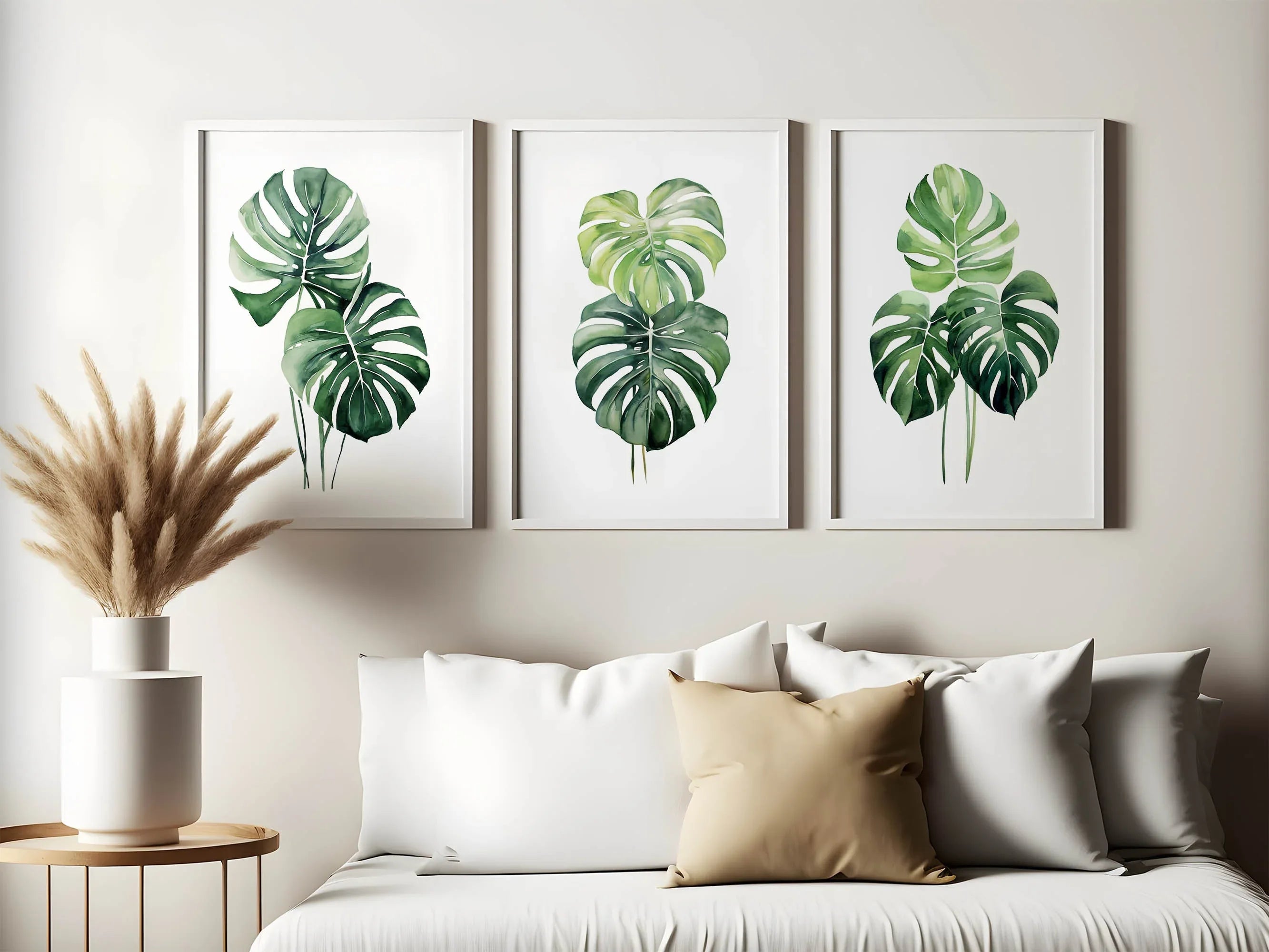 Monstera leaf wall art set – tropical green botanical split-leaf trio, modern decor