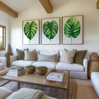 Monstera leaf wall art set of 3 – green watercolor tropical botanical on white background