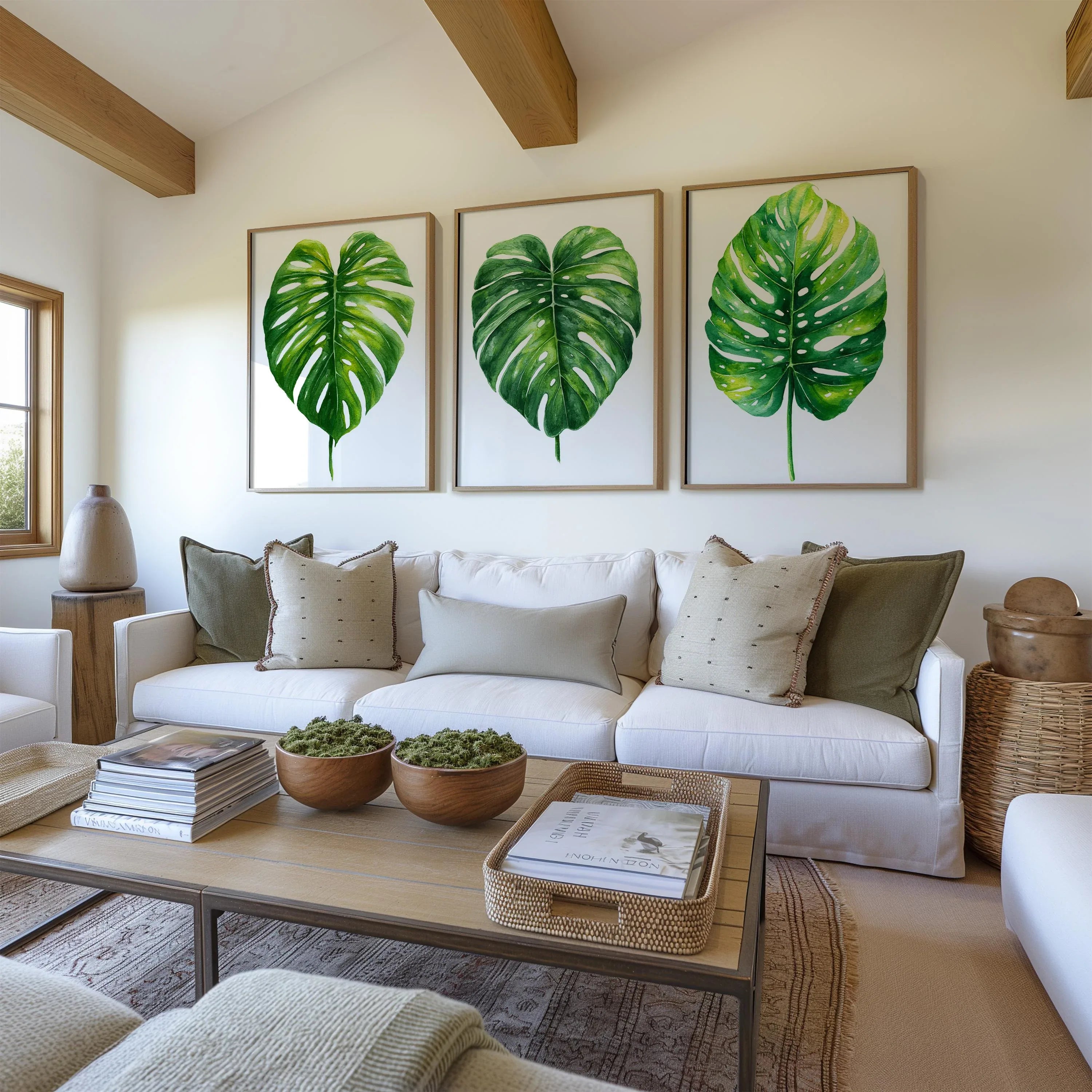 Monstera leaf wall art set of 3 – green watercolor tropical botanical on white background