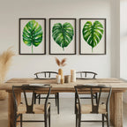 Monstera leaf wall art set of 3 – green watercolor tropical botanical on white background