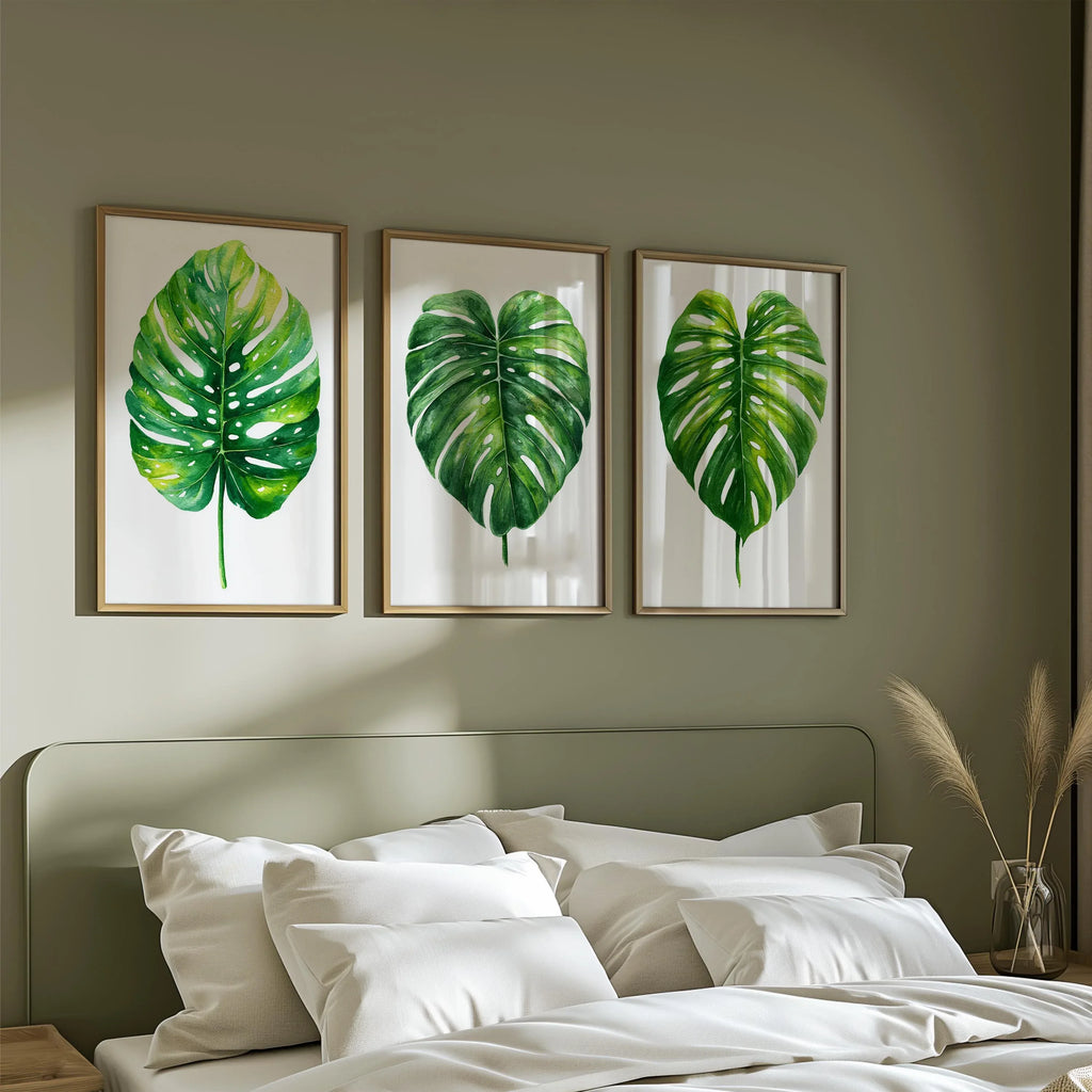 Monstera leaf wall art set of 3 – green watercolor tropical botanical on white background