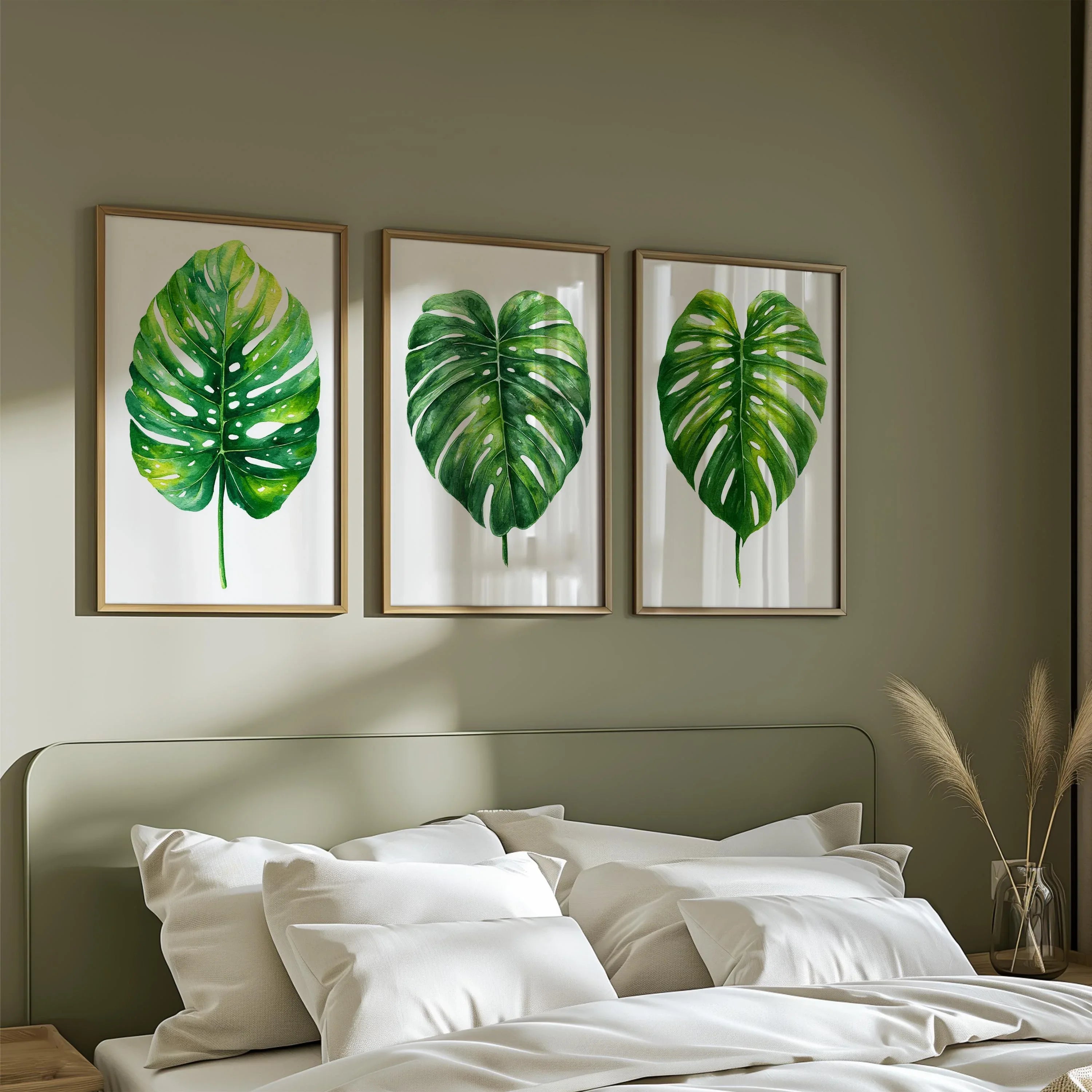 Monstera leaf wall art set of 3 – green watercolor tropical botanical on white background