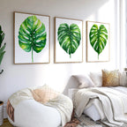 Monstera leaf wall art set of 3 – green watercolor tropical botanical on white background