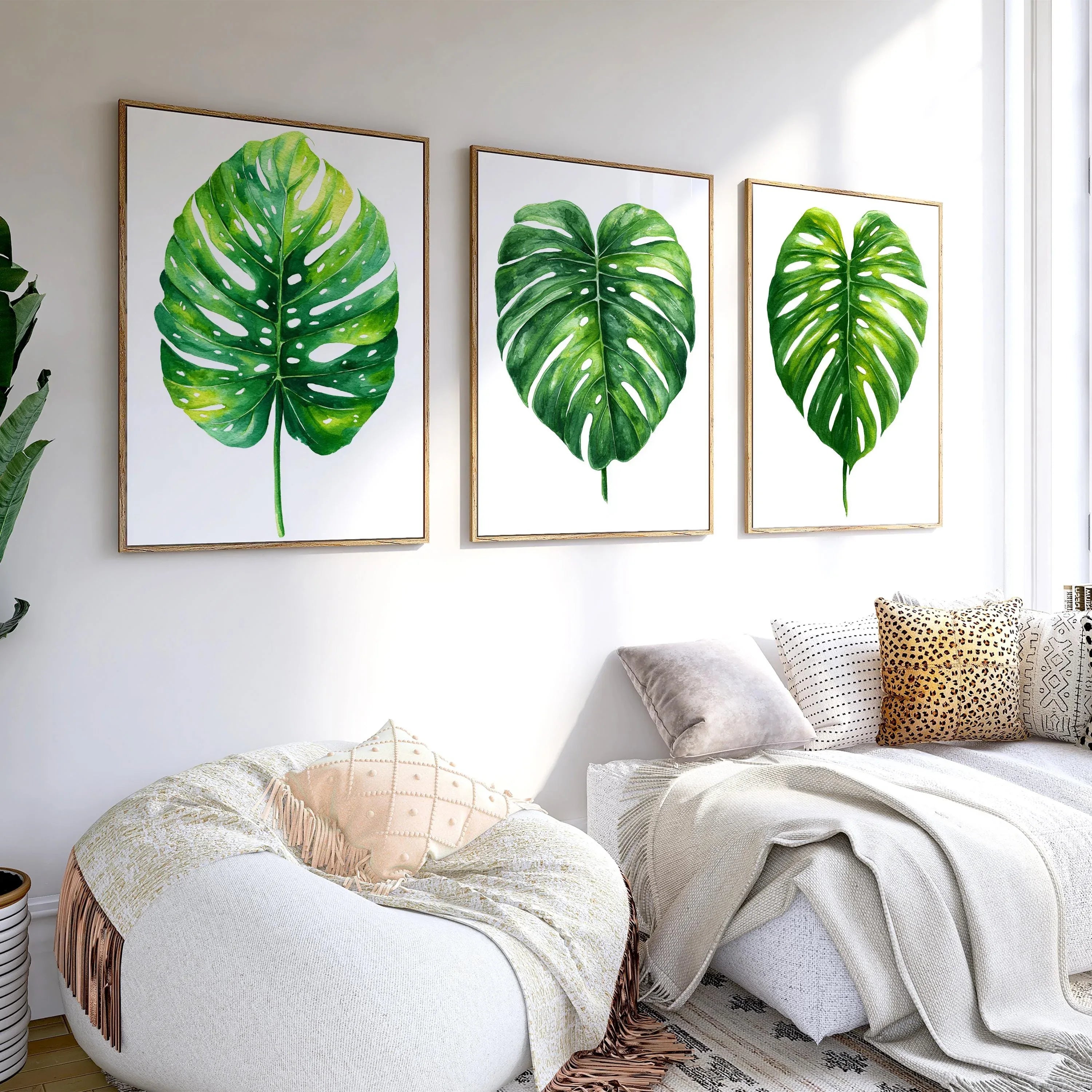 Monstera leaf wall art set of 3 – green watercolor tropical botanical on white background