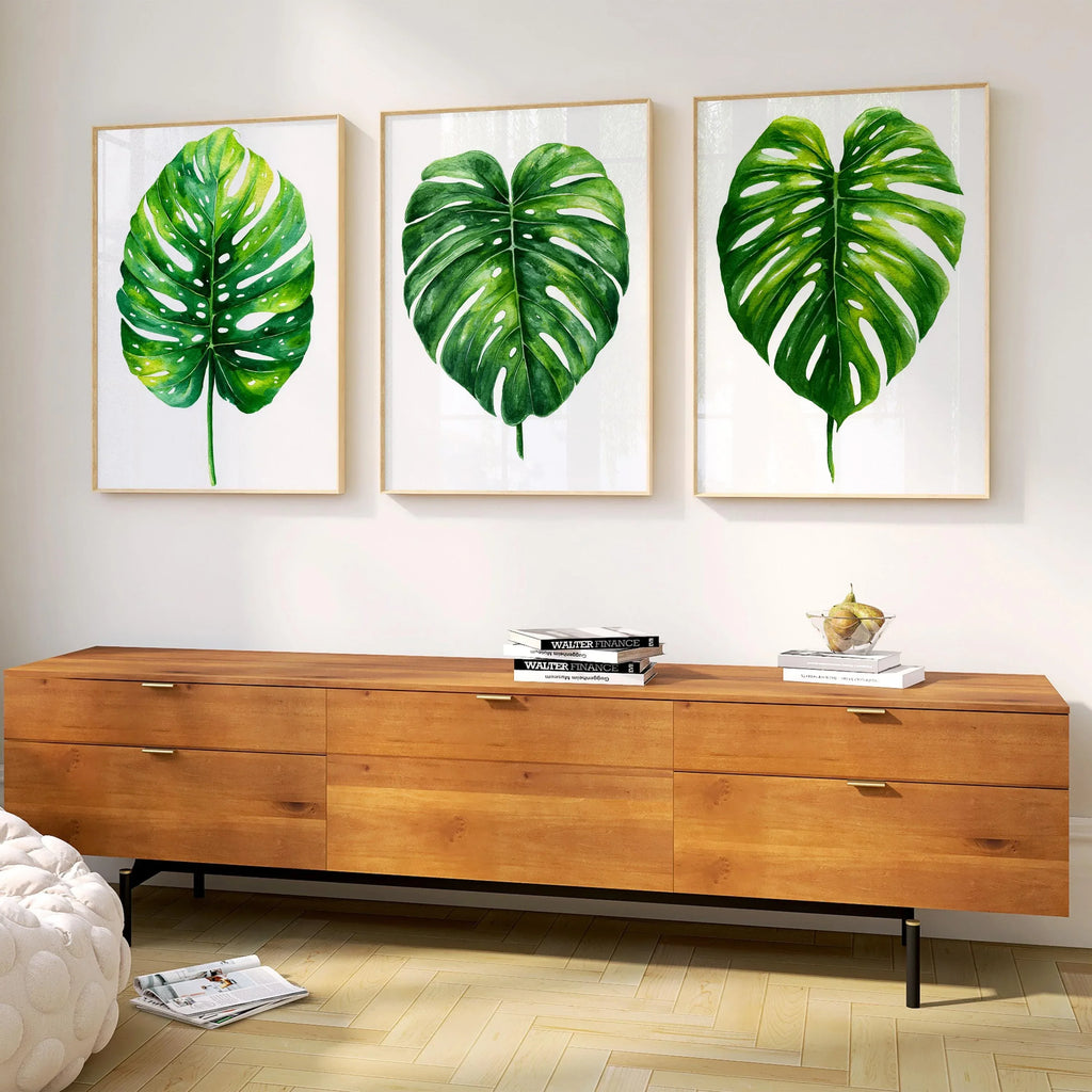 Monstera leaf wall art set of 3 – green watercolor tropical botanical on white background
