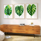 Monstera leaf wall art set of 3 – green watercolor tropical botanical on white background