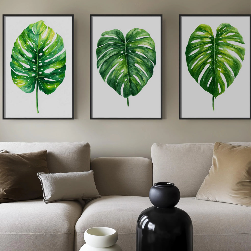 Monstera leaf wall art set of 3 – green watercolor tropical botanical on white background
