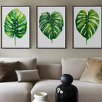 Monstera leaf wall art set of 3 – green watercolor tropical botanical on white background