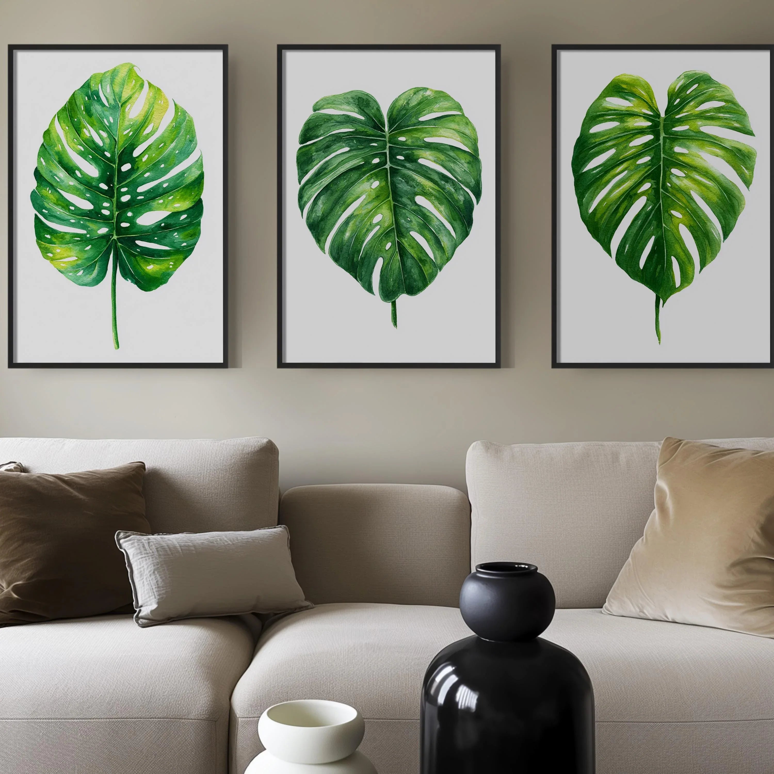 Monstera leaf wall art set of 3 – green watercolor tropical botanical on white background