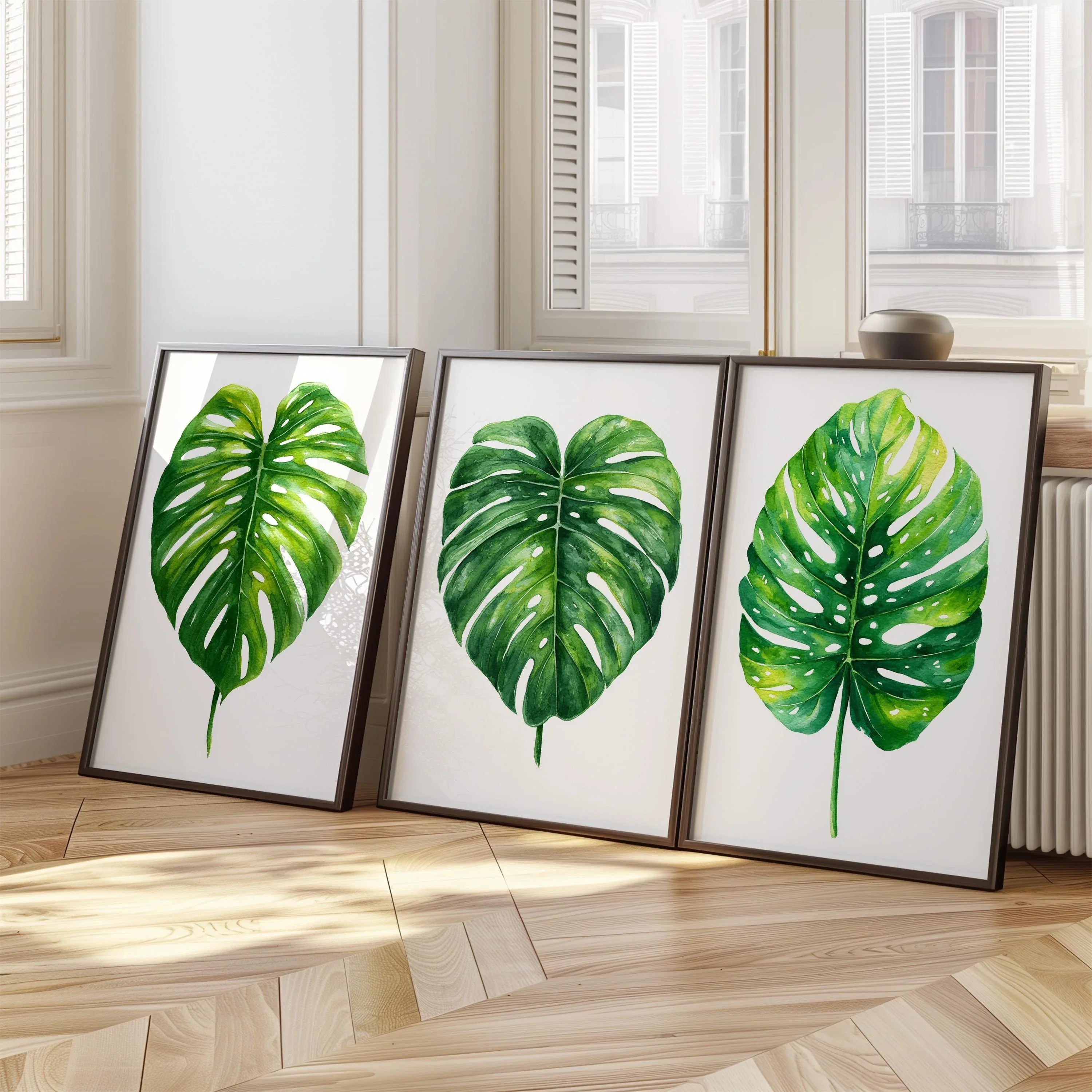 Monstera leaf wall art set of 3 – green watercolor tropical botanical on white background