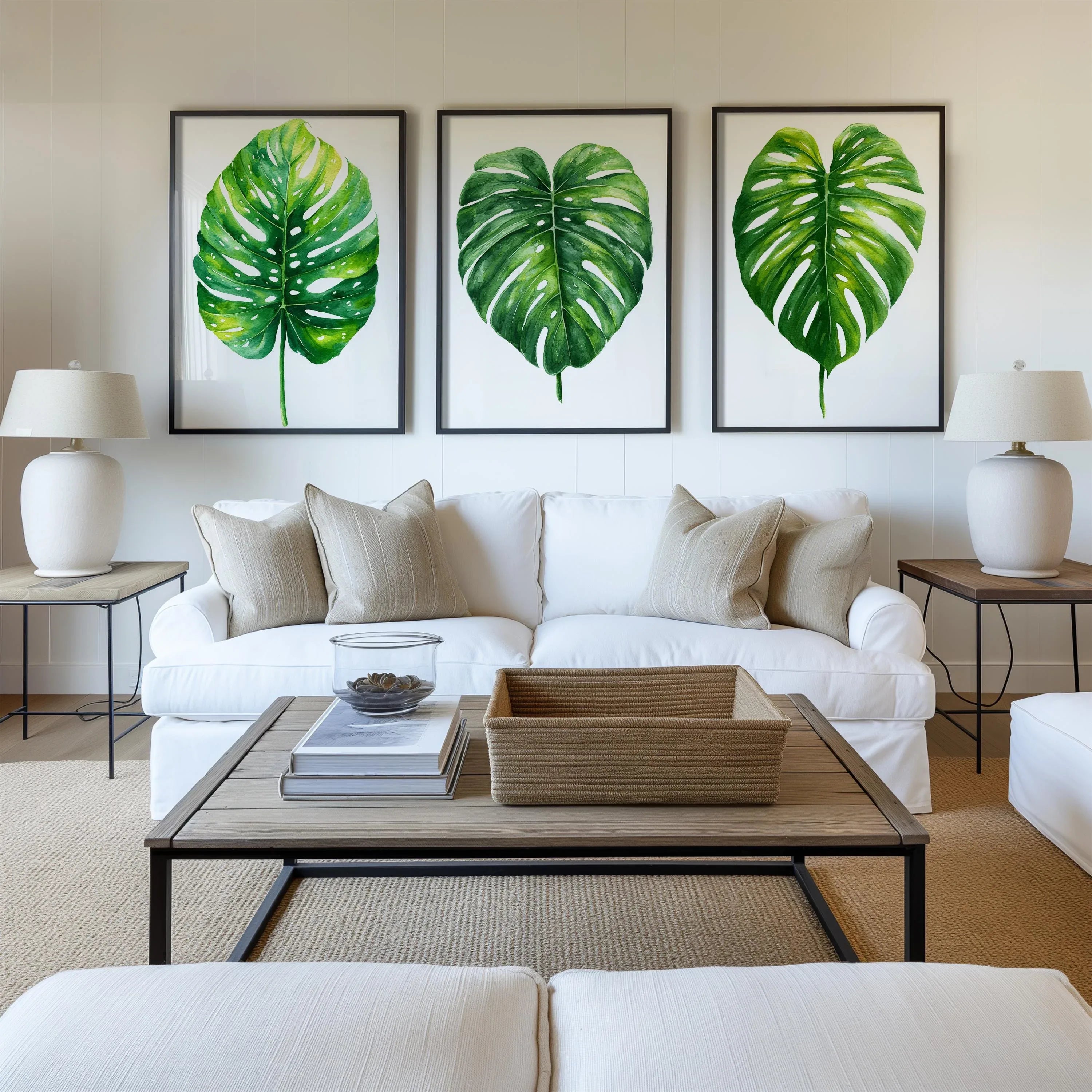 Monstera leaf wall art set of 3 – green watercolor tropical botanical on white background