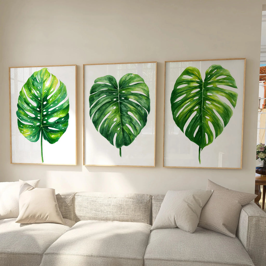 Monstera leaf wall art set of 3 – green watercolor tropical botanical on white background