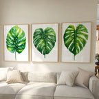 Monstera leaf wall art set of 3 – green watercolor tropical botanical on white background
