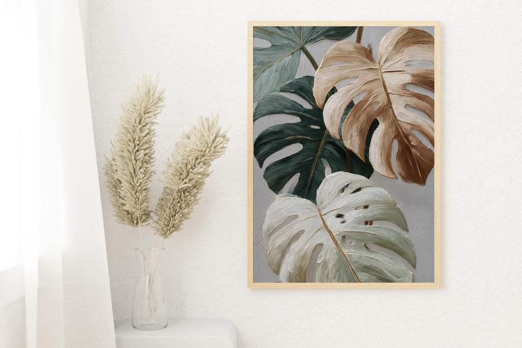 Neutral minimalist monstera wall art – sage green and beige textured botanical decor
