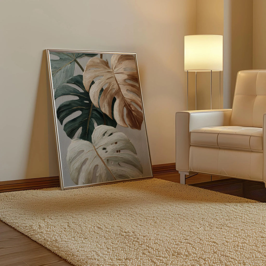Neutral minimalist monstera wall art – sage green and beige textured botanical decor