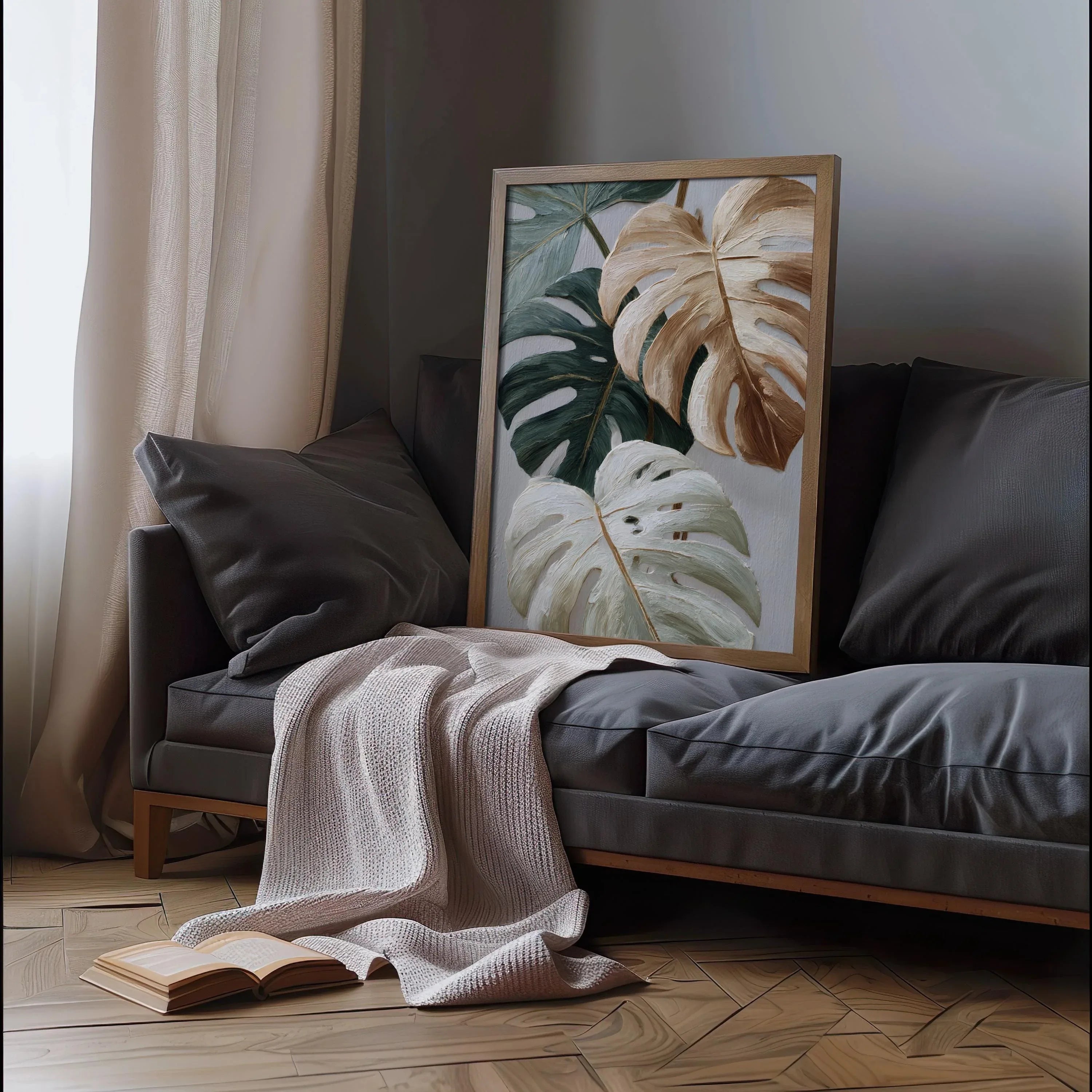Neutral minimalist monstera wall art – sage green and beige textured botanical decor