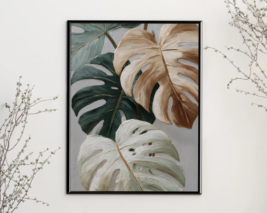 Neutral minimalist monstera wall art – sage green and beige textured botanical decor