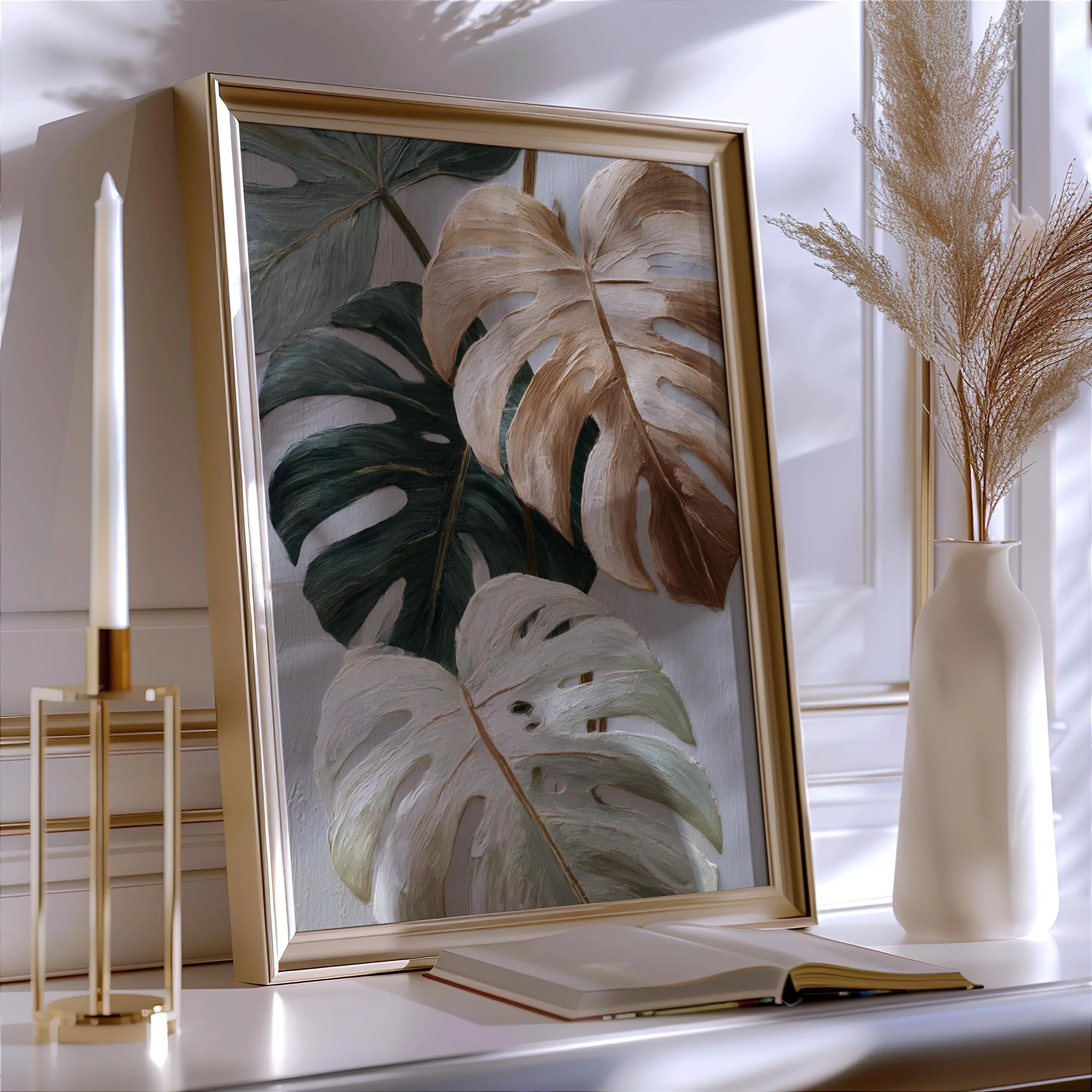 Neutral minimalist monstera wall art – sage green and beige textured botanical decor