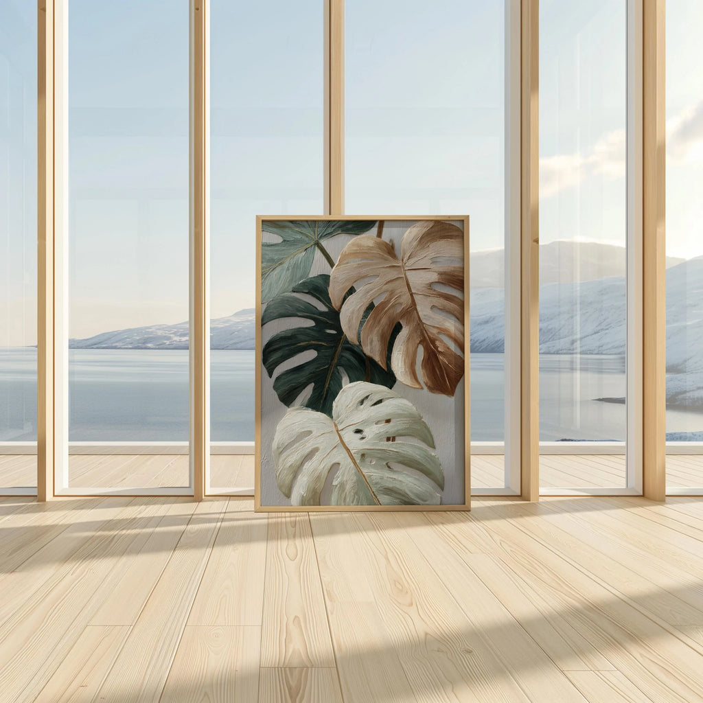 Neutral minimalist monstera wall art – sage green and beige textured botanical decor