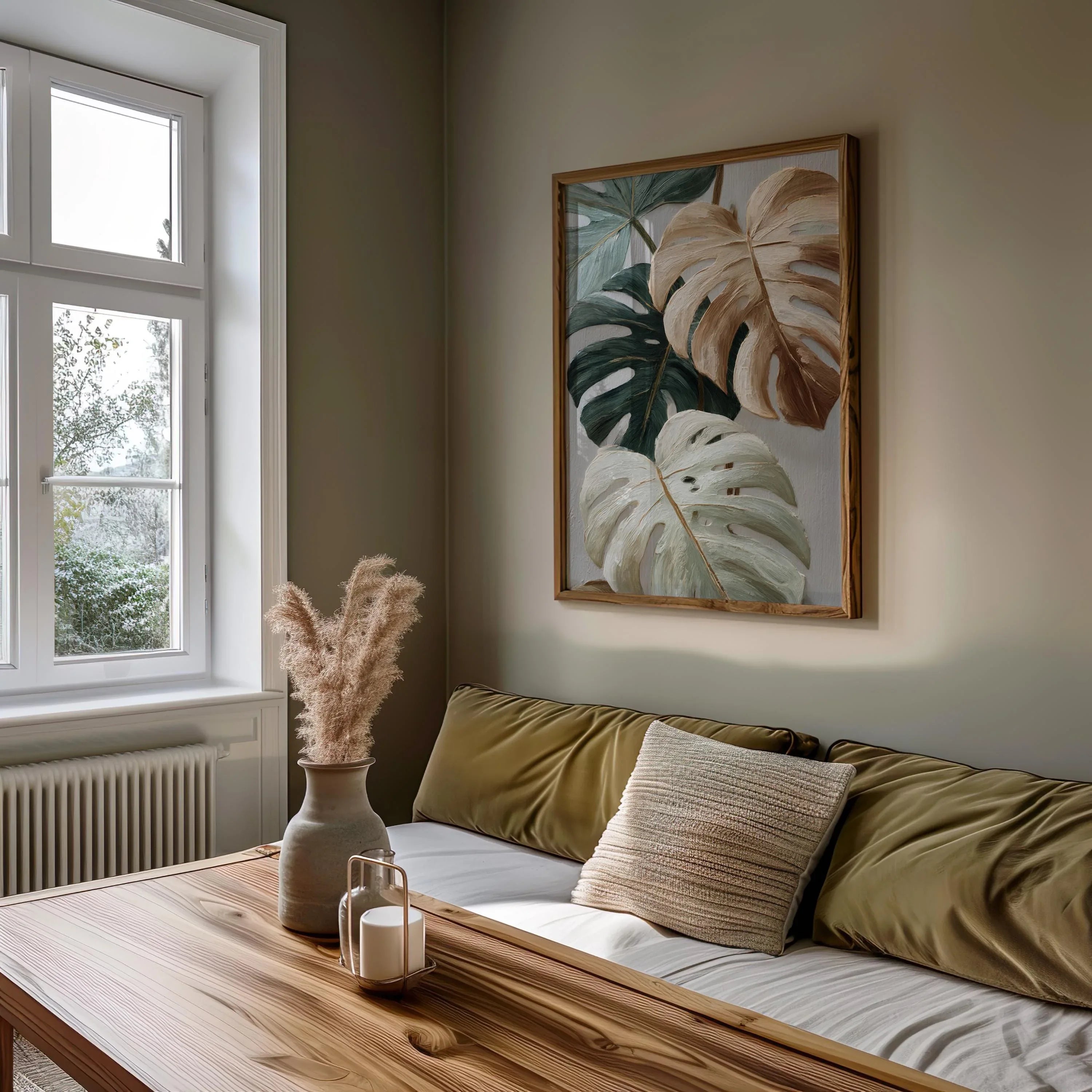 Neutral minimalist monstera wall art – sage green and beige textured botanical decor