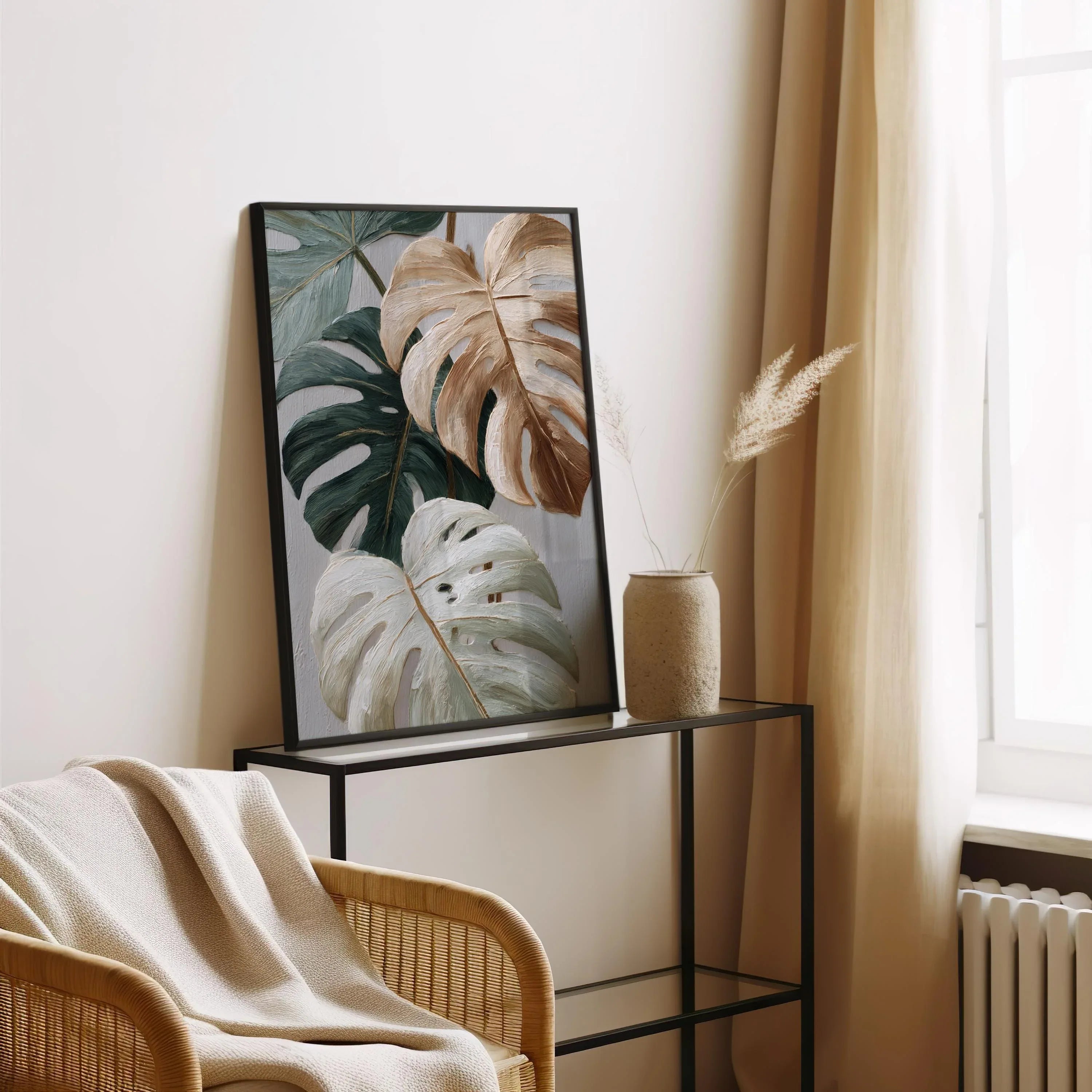 Neutral minimalist monstera wall art – sage green and beige textured botanical decor