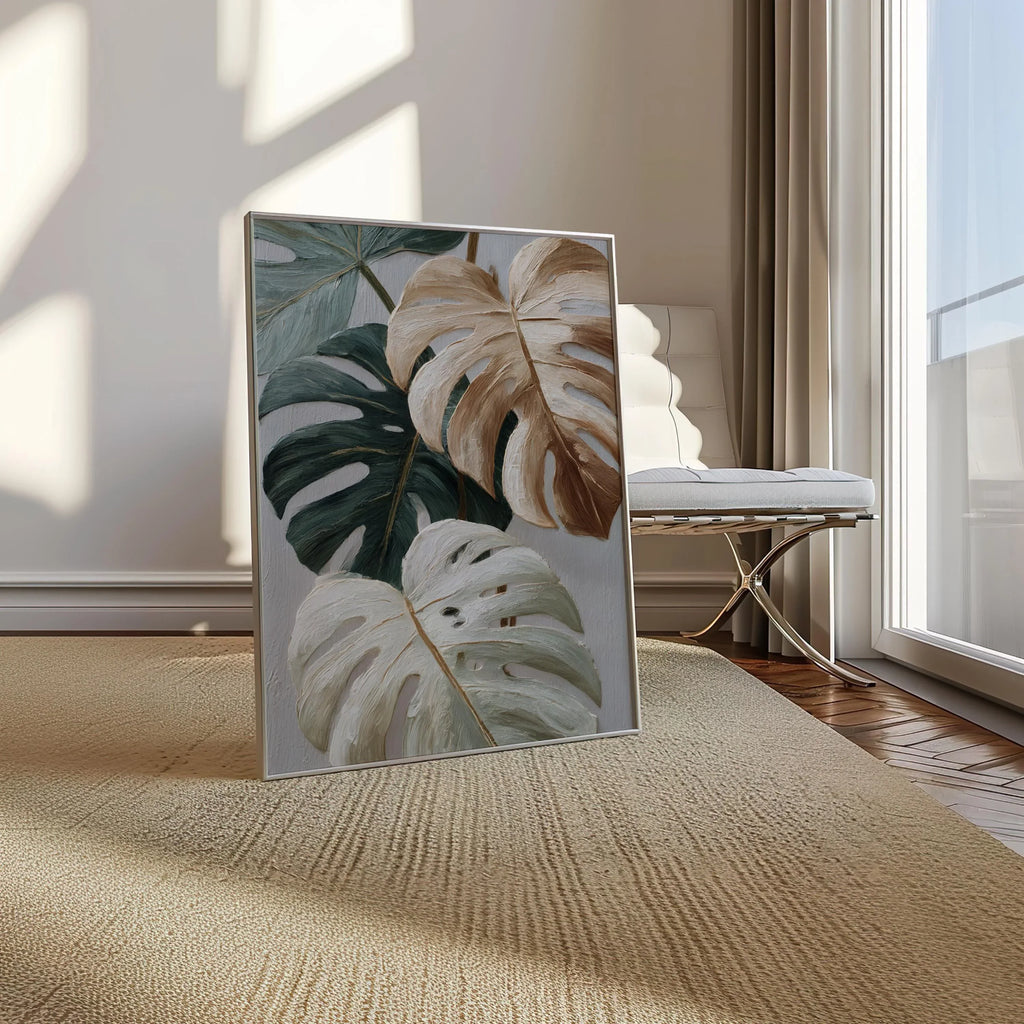 Neutral minimalist monstera wall art – sage green and beige textured botanical decor