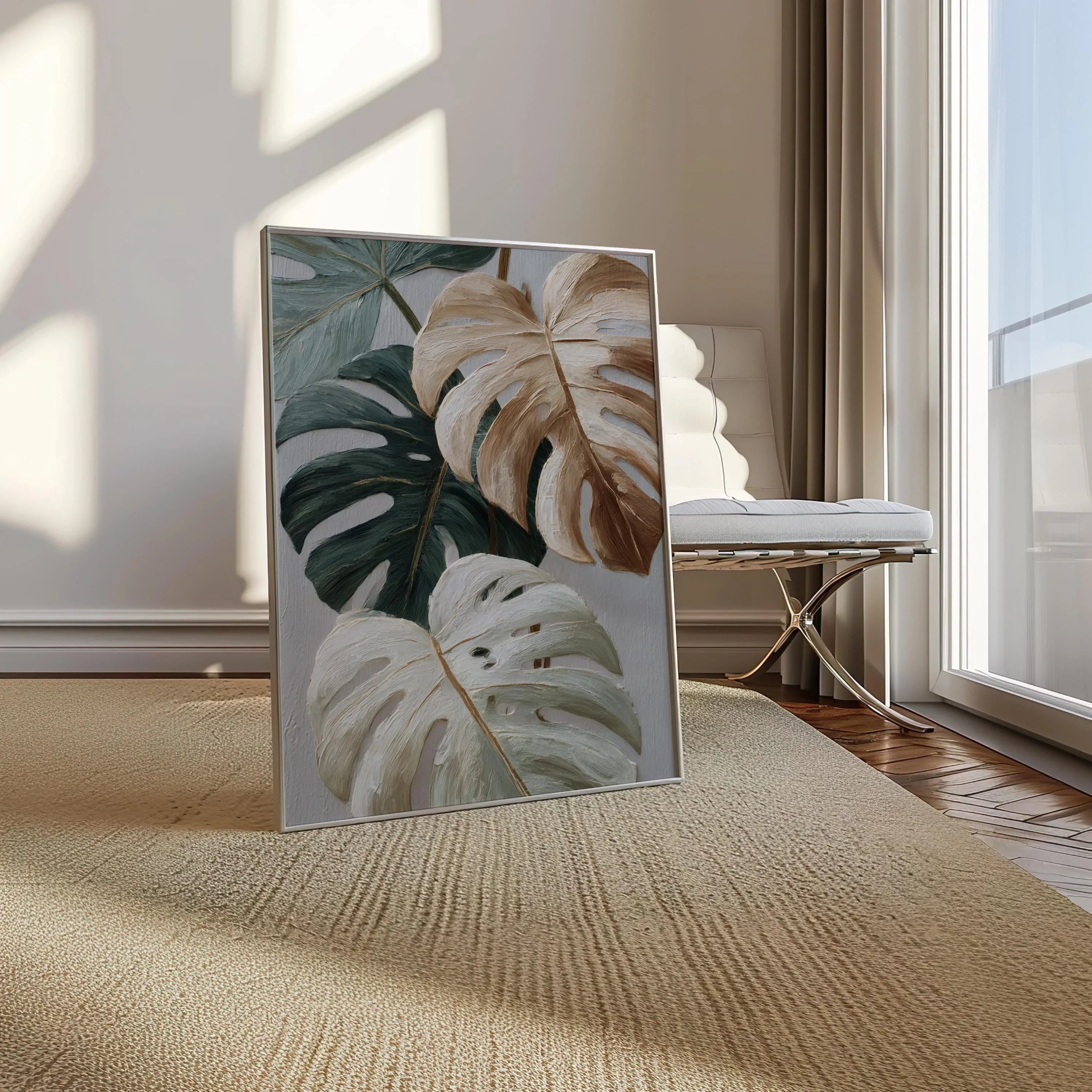 Neutral minimalist monstera wall art – sage green and beige textured botanical decor