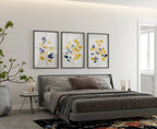 Mustard yellow and navy blue abstract leaf bouquet wall art set of 3 in modern wooden frame