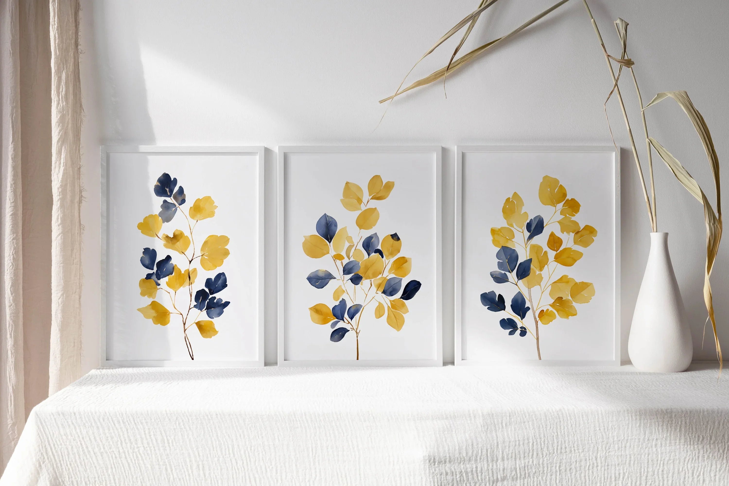 Mustard yellow and navy blue abstract leaf bouquet wall art set of 3 in modern wooden frame
