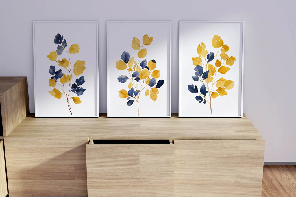 Mustard yellow and navy blue abstract leaf bouquet wall art set of 3 in modern wooden frame
