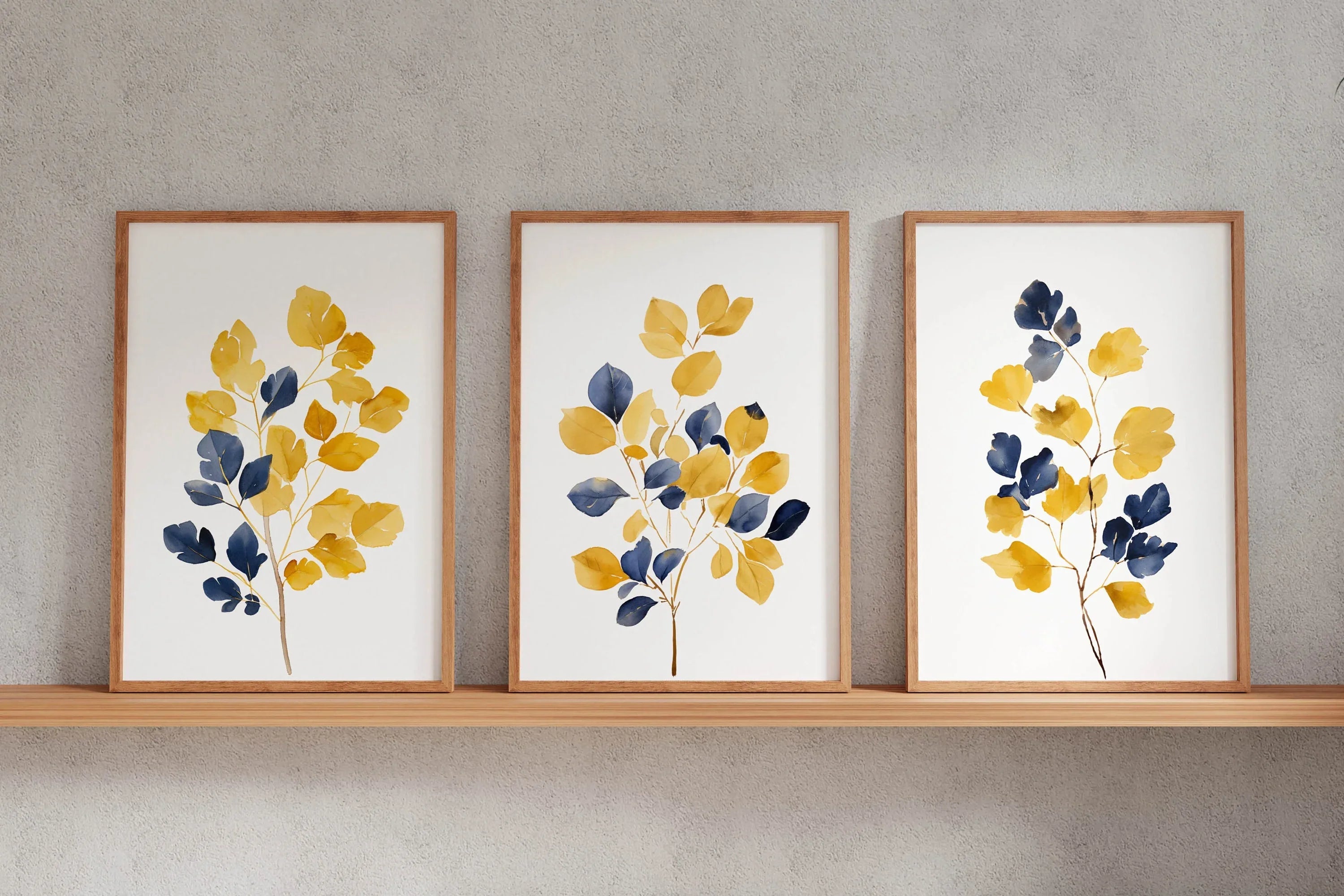 Mustard yellow and navy blue abstract leaf bouquet wall art set of 3 in modern wooden frame