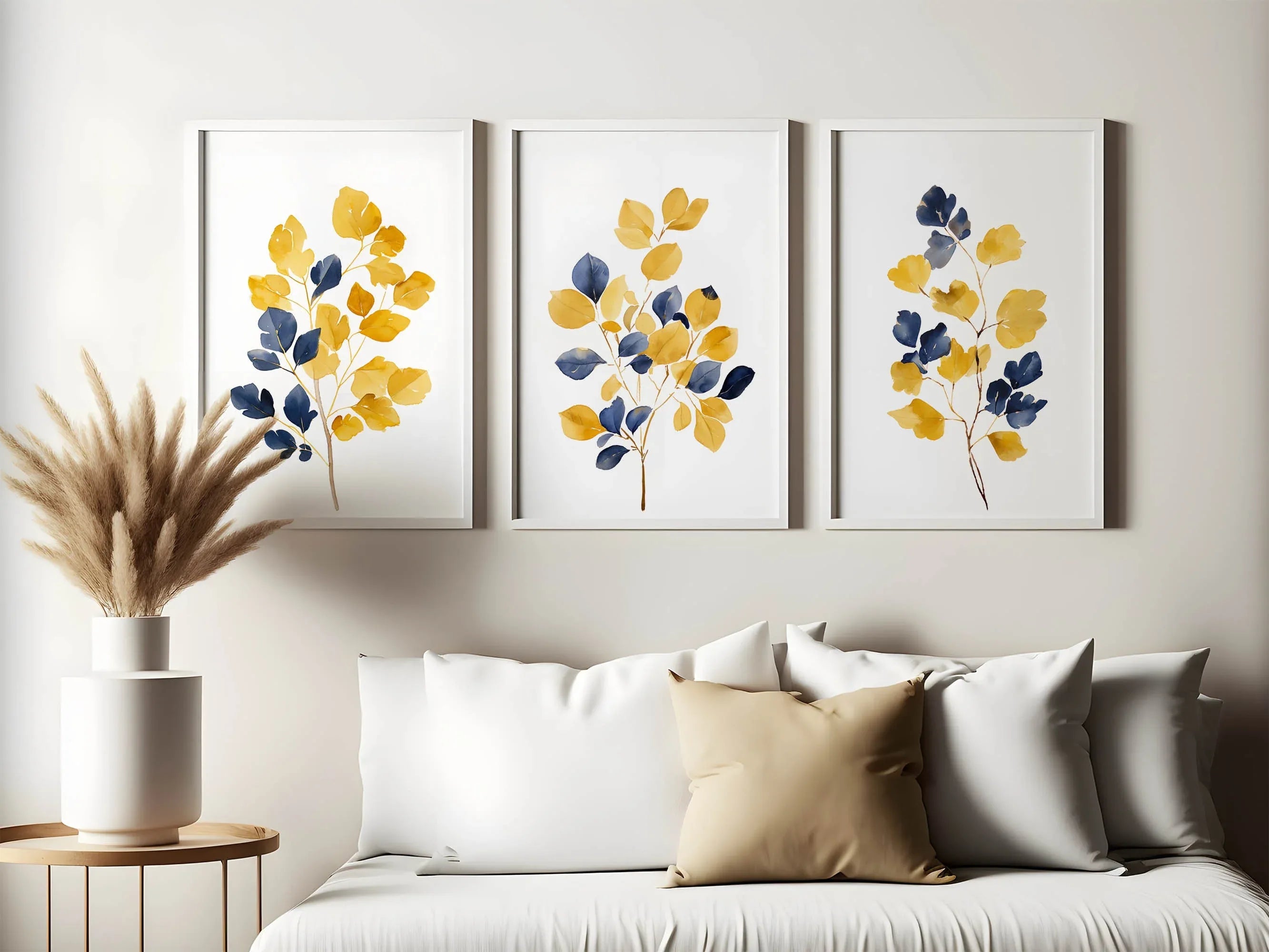 Mustard yellow and navy blue abstract leaf bouquet wall art set of 3 in modern wooden frame