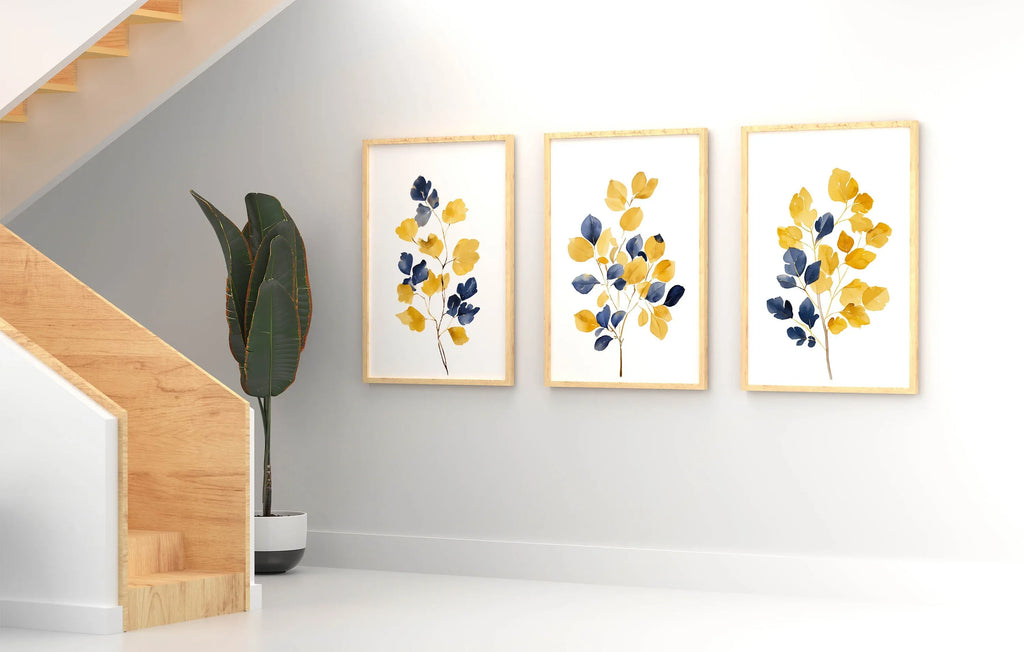 Mustard yellow and navy blue abstract leaf bouquet wall art set of 3 in modern wooden frame