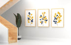 Mustard yellow and navy blue abstract leaf bouquet wall art set of 3 in modern wooden frame