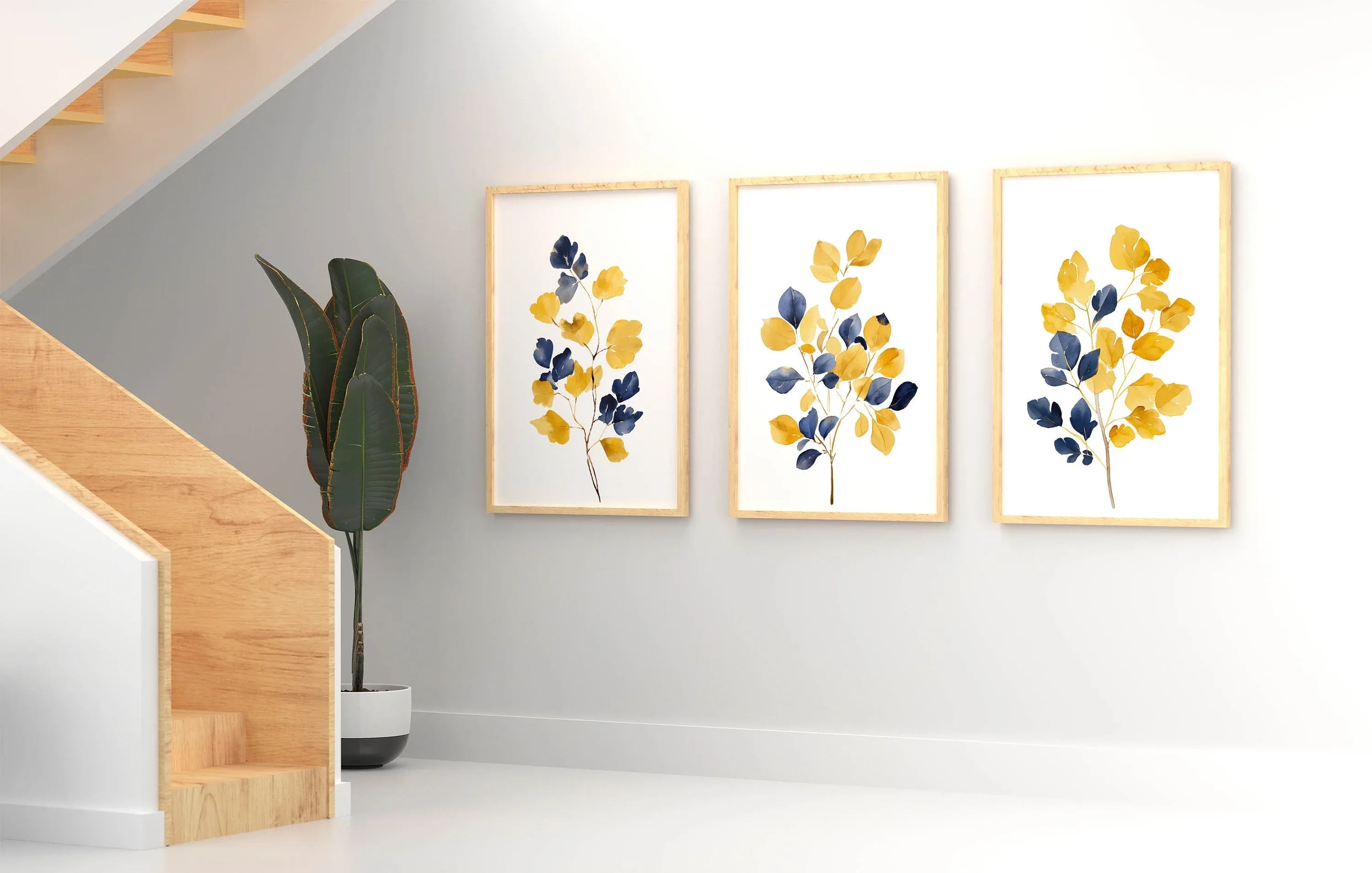 Mustard yellow and navy blue abstract leaf bouquet wall art set of 3 in modern wooden frame
