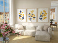 Mustard yellow and navy blue abstract leaf bouquet wall art set of 3 in modern wooden frame