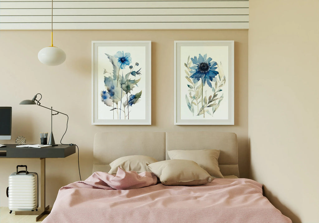 Navy blue spring meadow floral watercolor wall art set of 2 with wildflowers and grasses